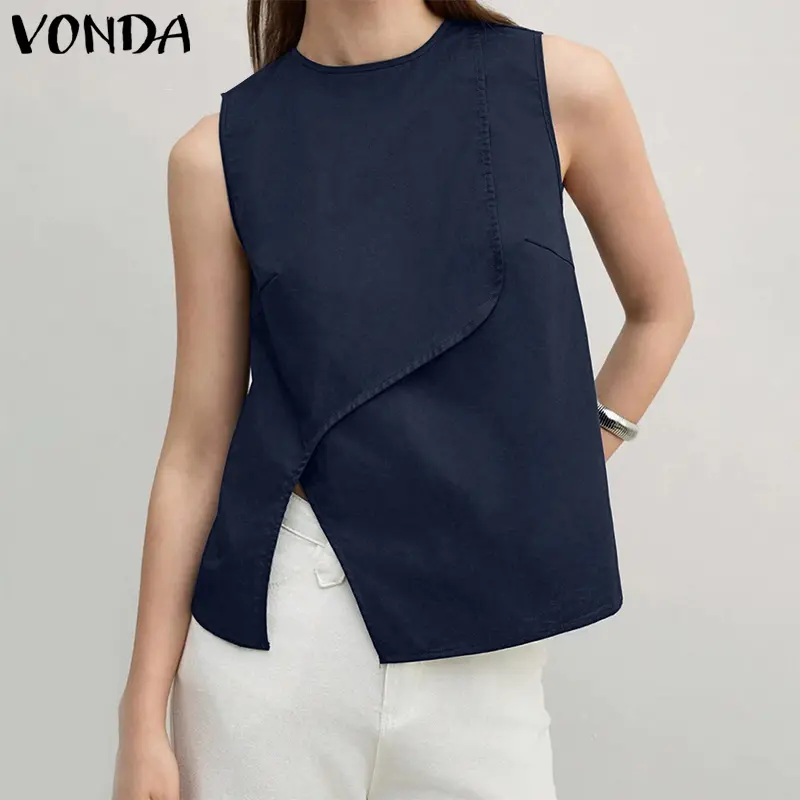 VONDA Vintage Women Asymmetrical Tanks Summer Sleeveless Solid Color Tank Tops 2025 Fashion Casual Tees Loose Oversized Shirts