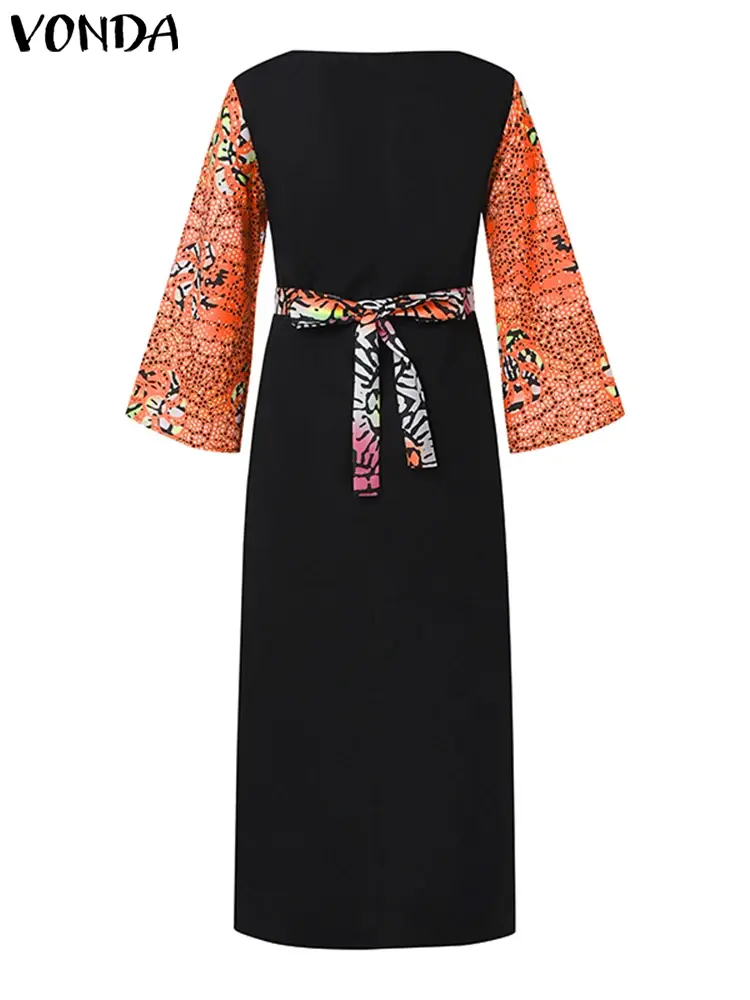 Plus Size 5XL VONDA Women Maxi Dress Bohemian Long Flare Sleeve Lace Vintage Printed Vestidos Causal Loose Oversized Sundress