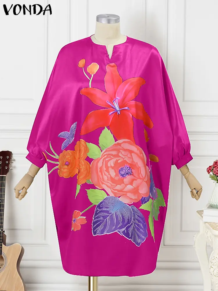 VONDA Bohemian Dress 2024 Women Floral Printed Midi Dress 3/4 Bat Sleeve Casual Loose Vintage Oversized Vestidos Robe Femme