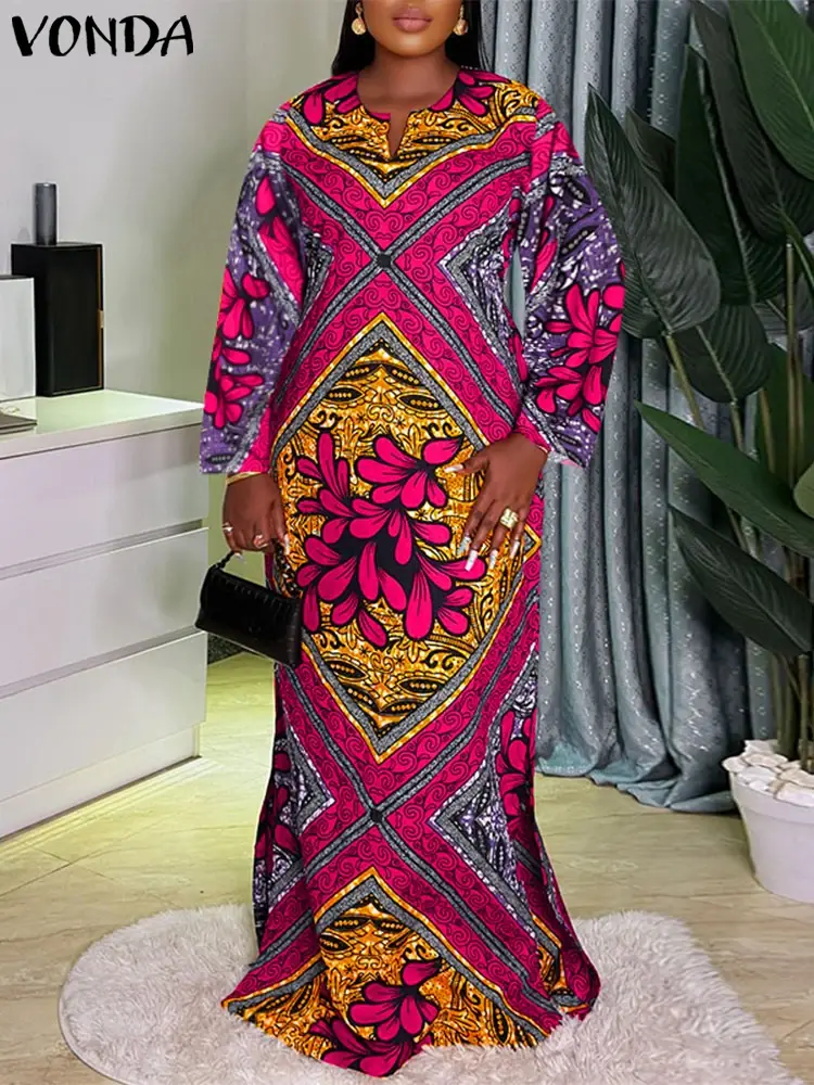 Plus Size 5XL VONDA Woman Dresses Printed Maxi Sundress Summer Party Vestidos 2025 Casual Loose Robe V Neck Sundress Oversized