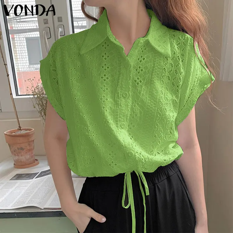 VONDA Fashion White Shirts 2025 Summer Women Blouse Lapel Short Sleeve Lace Elegant Office Lady Tops Casual Loose Blusas Femme