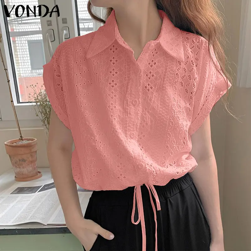 VONDA Fashion White Shirts 2025 Summer Women Blouse Lapel Short Sleeve Lace Elegant Office Lady Tops Casual Loose Blusas Femme