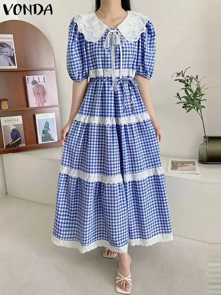 VONDA 2025 Ruffled Long Dresses Women Short Sleeve Plaid Maxi Sundress Bandage Peter Pan Collar Lace Summer Robe Party Vestidos