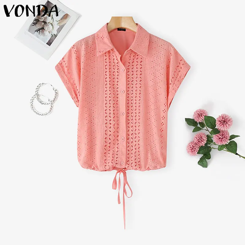 VONDA Fashion White Shirts 2025 Summer Women Blouse Lapel Short Sleeve Lace Elegant Office Lady Tops Casual Loose Blusas Femme
