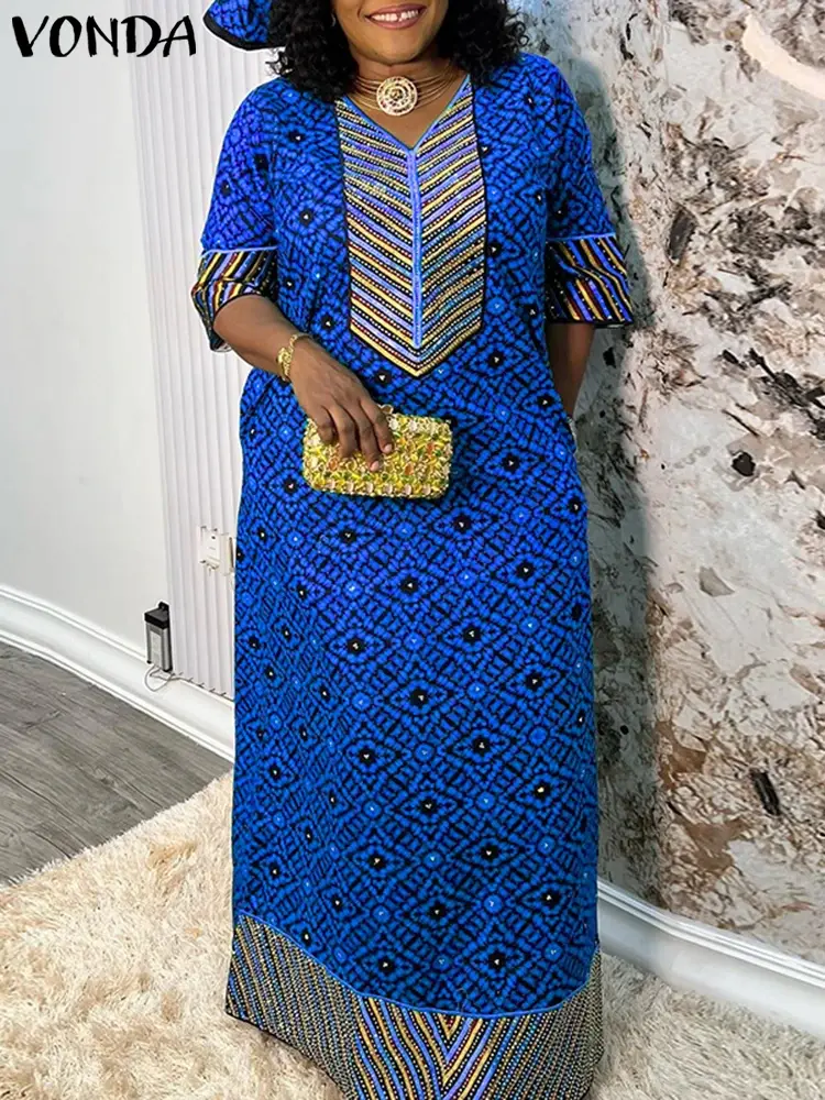 Plus Size 5XL VONDA 2025 Summer Women Bohemian Long Maxi Dress Vintage Printed Sundress Casual V-Neck Half Sleeve Robe Oversized