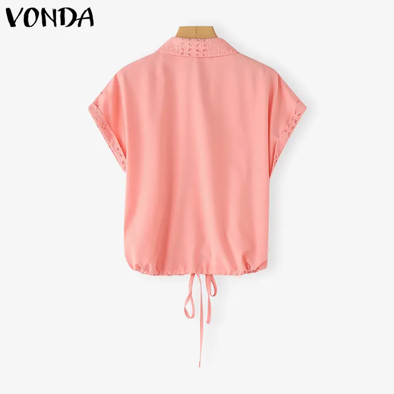 VONDA Fashion White Shirts 2025 Summer Women Blouse Lapel Short Sleeve Lace Elegant Office Lady Tops Casual Loose Blusas Femme