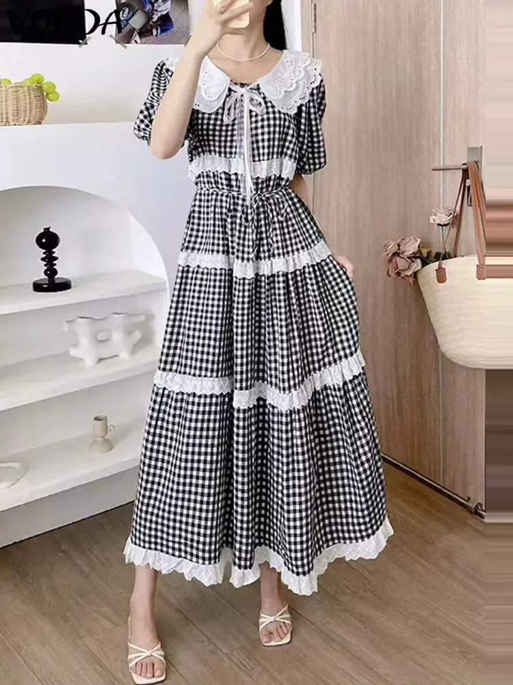 VONDA 2025 Ruffled Long Dresses Women Short Sleeve Plaid Maxi Sundress Bandage Peter Pan Collar Lace Summer Robe Party Vestidos