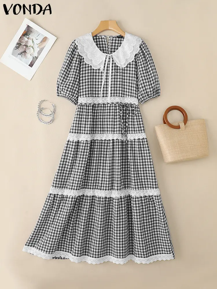 VONDA 2025 Ruffled Long Dresses Women Short Sleeve Plaid Maxi Sundress Bandage Peter Pan Collar Lace Summer Robe Party Vestidos