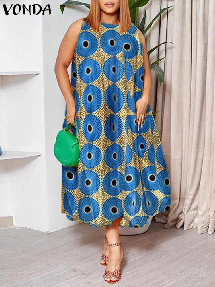 Plus Size 5XL VONDA 2025 Women Summer Dress Sleeveless Printed Sundress Oversized Party Long Vestido Casual Loose Beach Robe