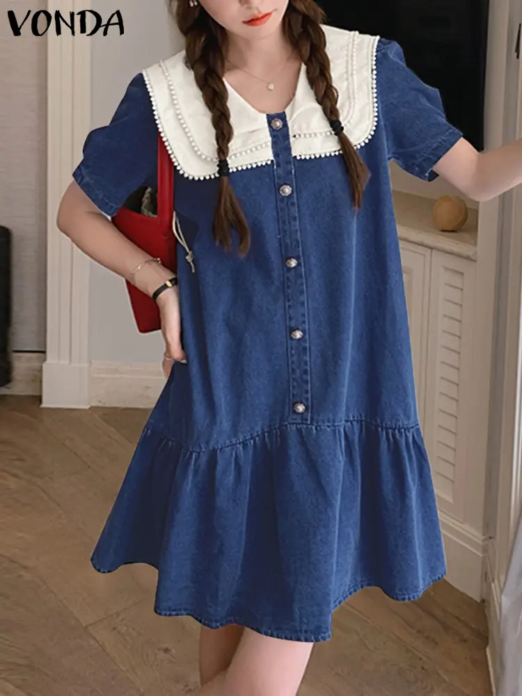 VONDA Summer Sundress Solid Casual Loose Ruffled Mini Dress 2025 Peter-pan Collar Vestidos Loose Short Sleeve Robe Oversized