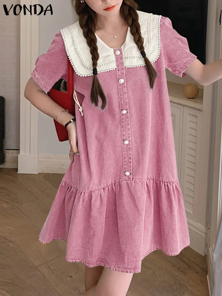 VONDA Summer Sundress Solid Casual Loose Ruffled Mini Dress 2025 Peter-pan Collar Vestidos Loose Short Sleeve Robe Oversized