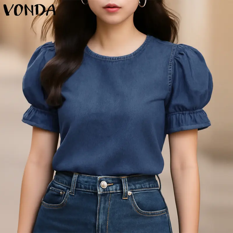 VONDA Elegant Denim Blouse Women Summer Tunic Tops 2025 Fashion Short Puff Sleeve Shirts Casual Loose Solid Color Vintage Blusas
