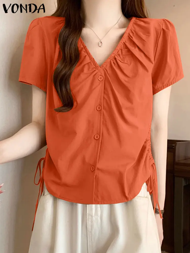 VONDA 2025 Fashion Blouse Women Summer Shirts Sexy V Neck Short Sleeve Pleated Tunic Top Solid Color Casual Loose Elegant Blusas