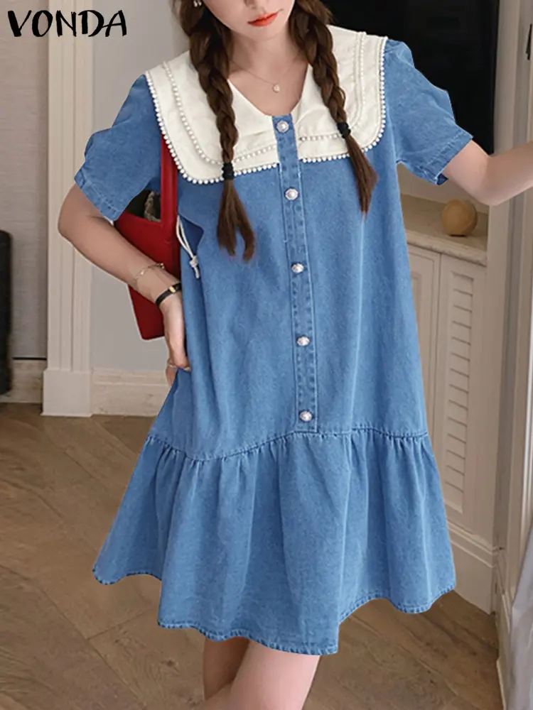 VONDA Summer Sundress Solid Casual Loose Ruffled Mini Dress 2025 Peter-pan Collar Vestidos Loose Short Sleeve Robe Oversized