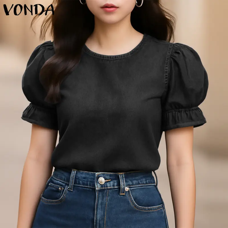 VONDA Elegant Denim Blouse Women Summer Tunic Tops 2025 Fashion Short Puff Sleeve Shirts Casual Loose Solid Color Vintage Blusas