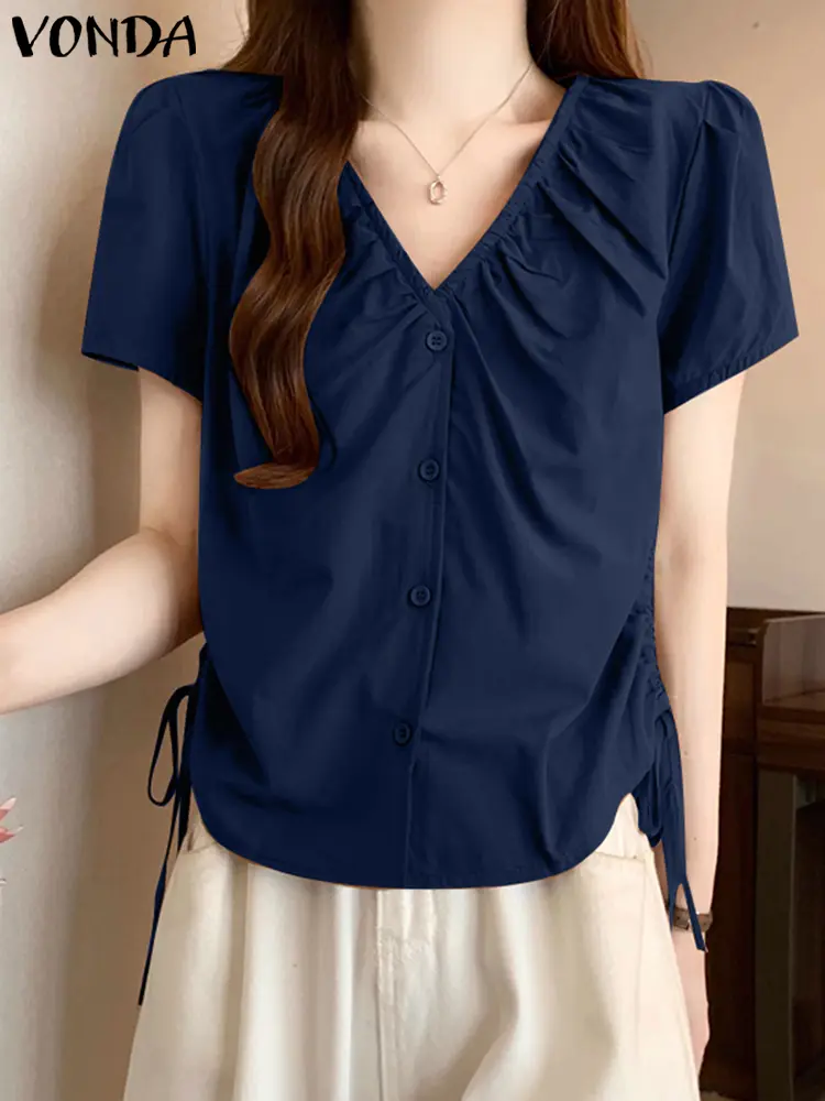 VONDA 2025 Fashion Blouse Women Summer Shirts Sexy V Neck Short Sleeve Pleated Tunic Top Solid Color Casual Loose Elegant Blusas