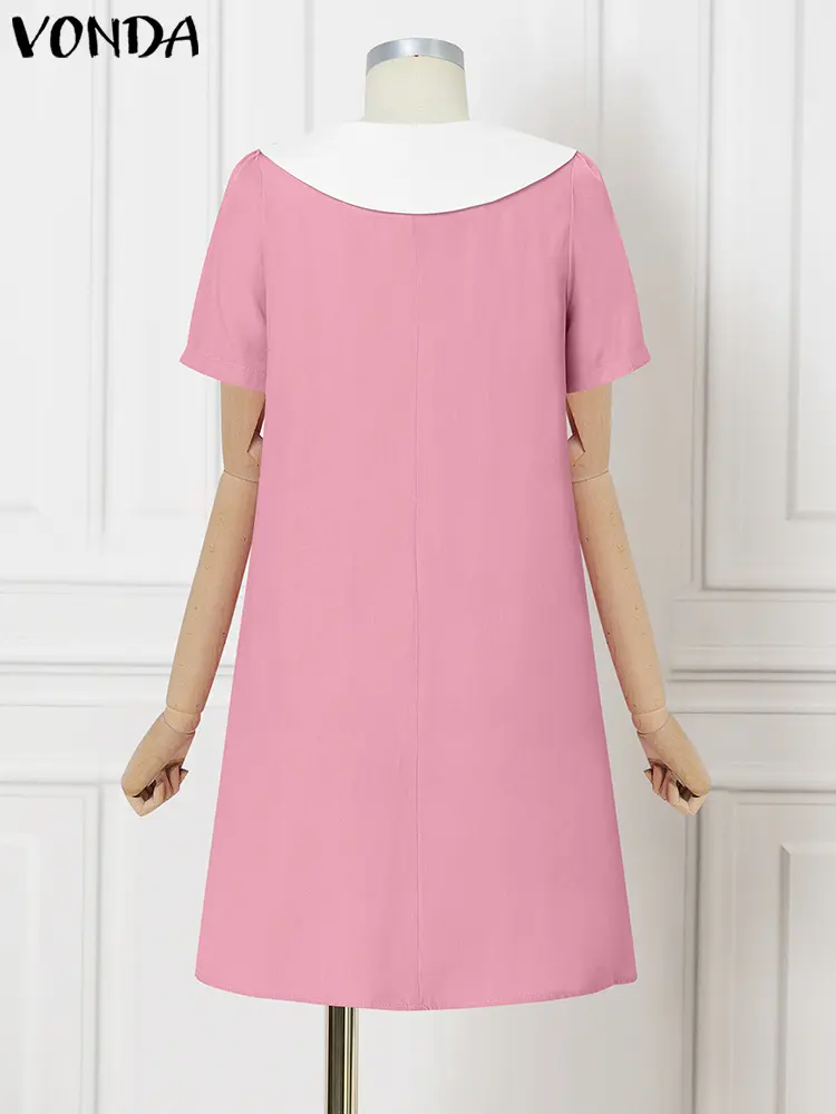 VONDA Summer Sundress Solid Casual Loose Ruffled Mini Dress 2025 Peter-pan Collar Vestidos Loose Short Sleeve Robe Oversized