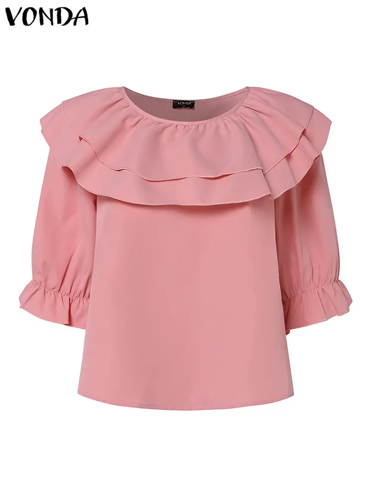 VONDA 2024 Women Ruffled Blouses Summer Casual Tunic Tops Short Sleeve O-Neck Loose Shirts Vintage Solid Color Blusas Femininas