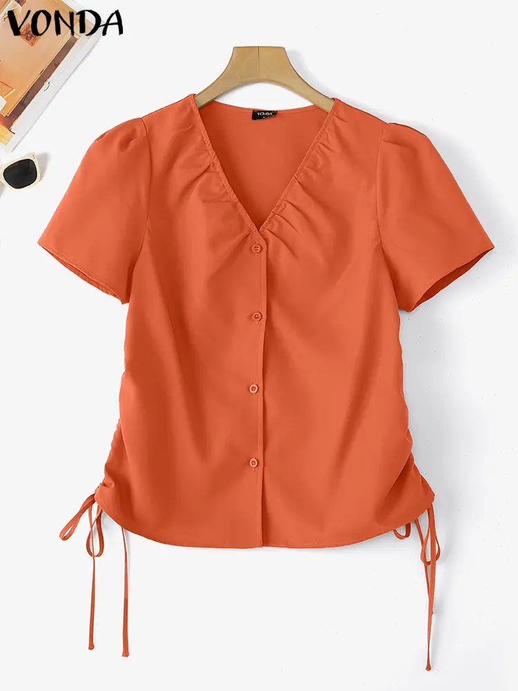 VONDA 2025 Fashion Blouse Women Summer Shirts Sexy V Neck Short Sleeve Pleated Tunic Top Solid Color Casual Loose Elegant Blusas