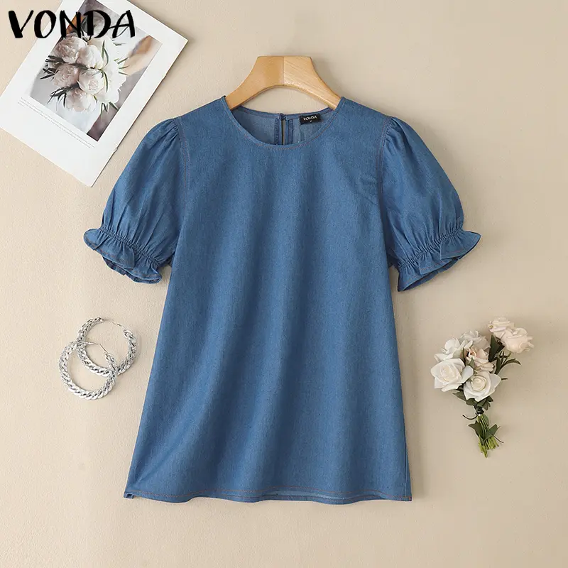 VONDA Elegant Denim Blouse Women Summer Tunic Tops 2025 Fashion Short Puff Sleeve Shirts Casual Loose Solid Color Vintage Blusas