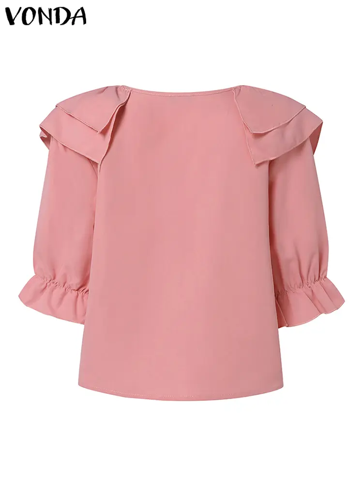 VONDA 2024 Women Ruffled Blouses Summer Casual Tunic Tops Short Sleeve O-Neck Loose Shirts Vintage Solid Color Blusas Femininas