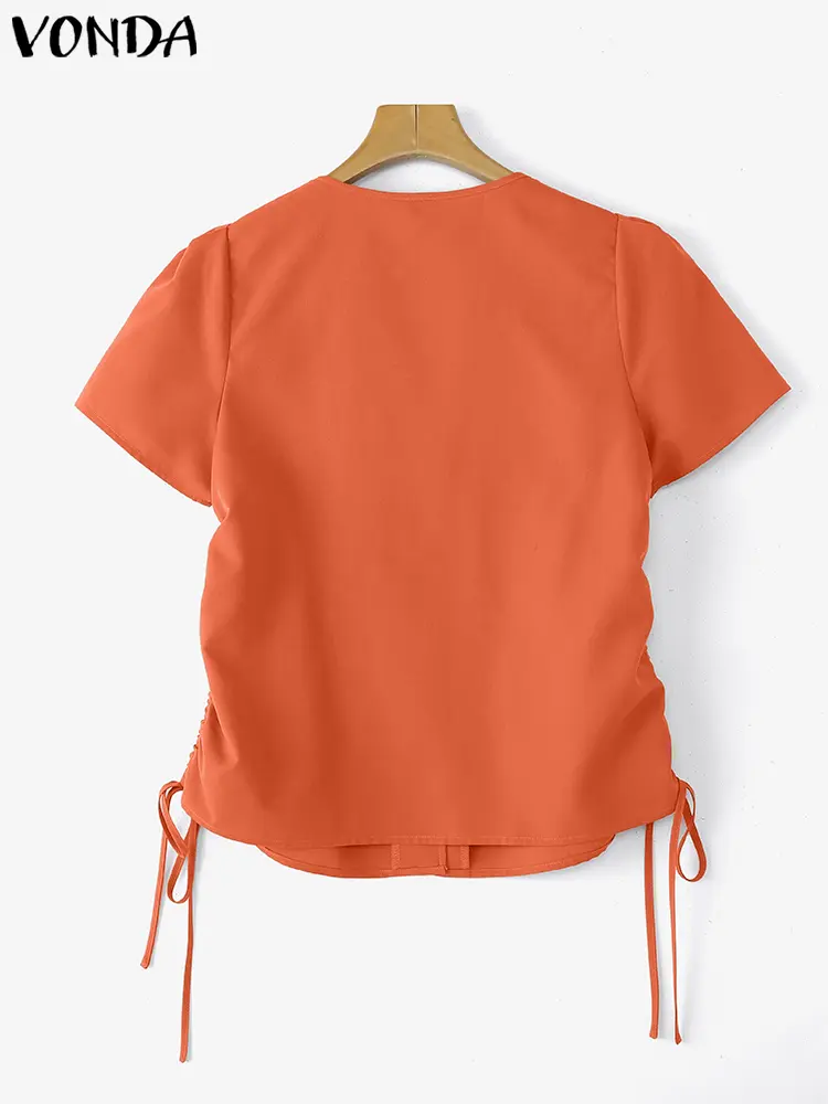 VONDA 2025 Fashion Blouse Women Summer Shirts Sexy V Neck Short Sleeve Pleated Tunic Top Solid Color Casual Loose Elegant Blusas