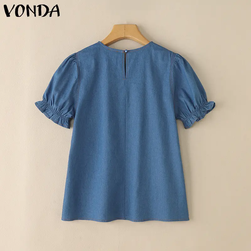 VONDA Elegant Denim Blouse Women Summer Tunic Tops 2025 Fashion Short Puff Sleeve Shirts Casual Loose Solid Color Vintage Blusas