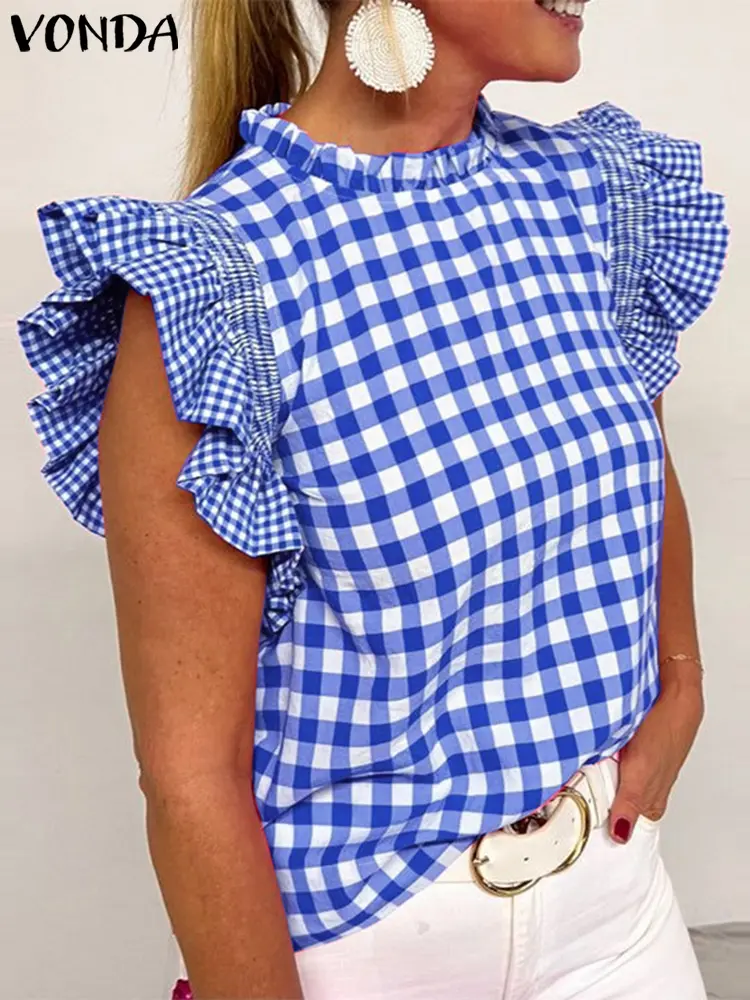 VONDA Women Fashion Tops 2025 Summer Short Sleeve Plaid Blouse Vintage Ruffled Casual Shirts Loose Elegant Streetwear Blusas