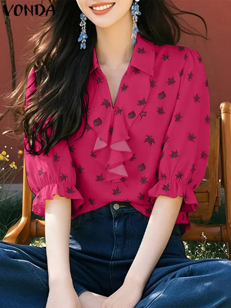 VONDA Summer Women Blouse Half Sleeve Lapel Fashion Ruffles OL Work Female Print Blouses Tops Streetwear Blusas Tunic Oversize
