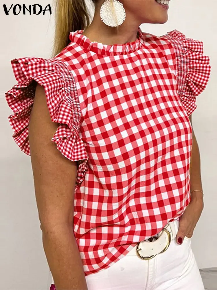 VONDA Women Fashion Tops 2025 Summer Short Sleeve Plaid Blouse Vintage Ruffled Casual Shirts Loose Elegant Streetwear Blusas