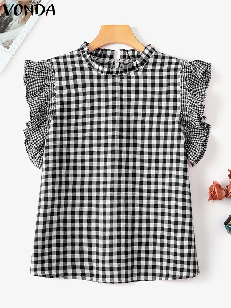 VONDA Women Fashion Tops 2025 Summer Short Sleeve Plaid Blouse Vintage Ruffled Casual Shirts Loose Elegant Streetwear Blusas