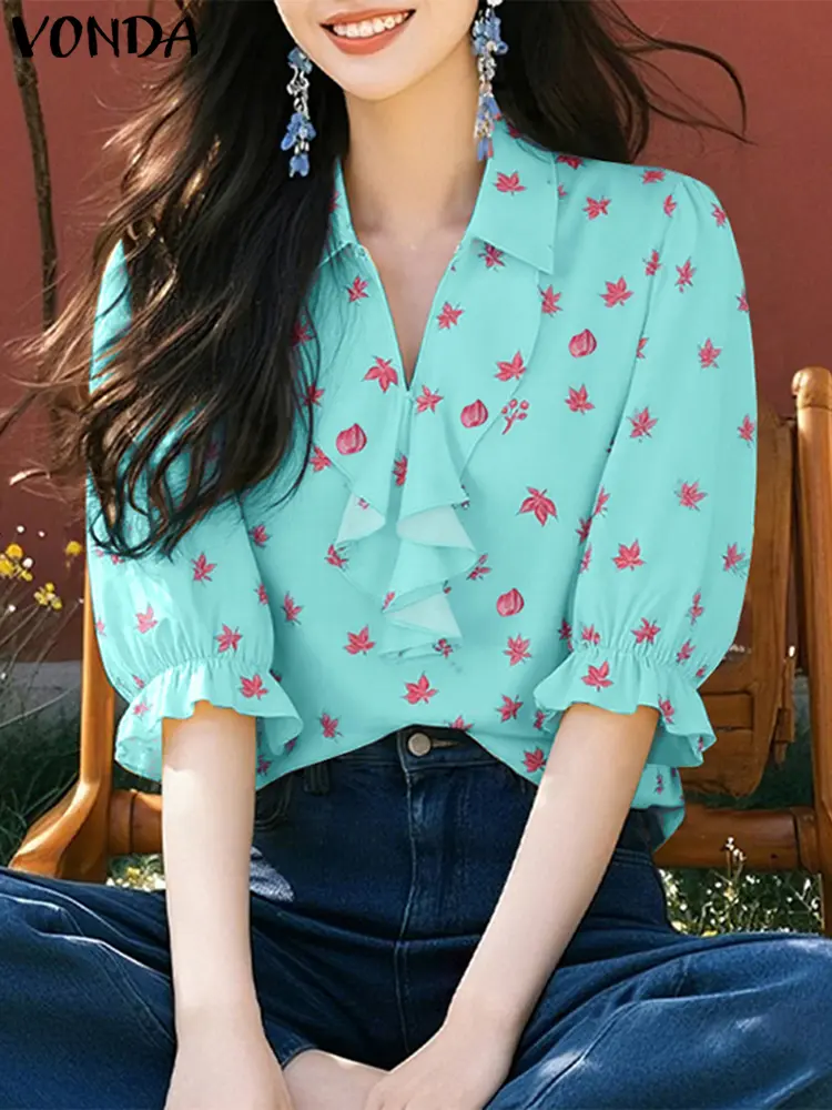 VONDA Summer Women Blouse Half Sleeve Lapel Fashion Ruffles OL Work Female Print Blouses Tops Streetwear Blusas Tunic Oversize