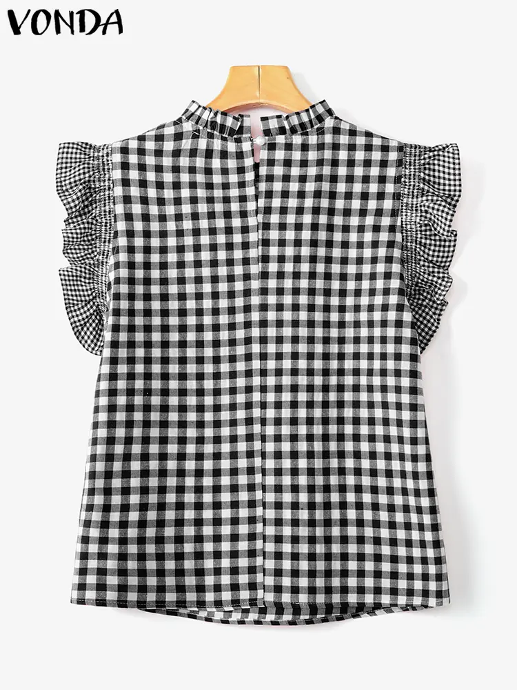 VONDA Women Fashion Tops 2025 Summer Short Sleeve Plaid Blouse Vintage Ruffled Casual Shirts Loose Elegant Streetwear Blusas