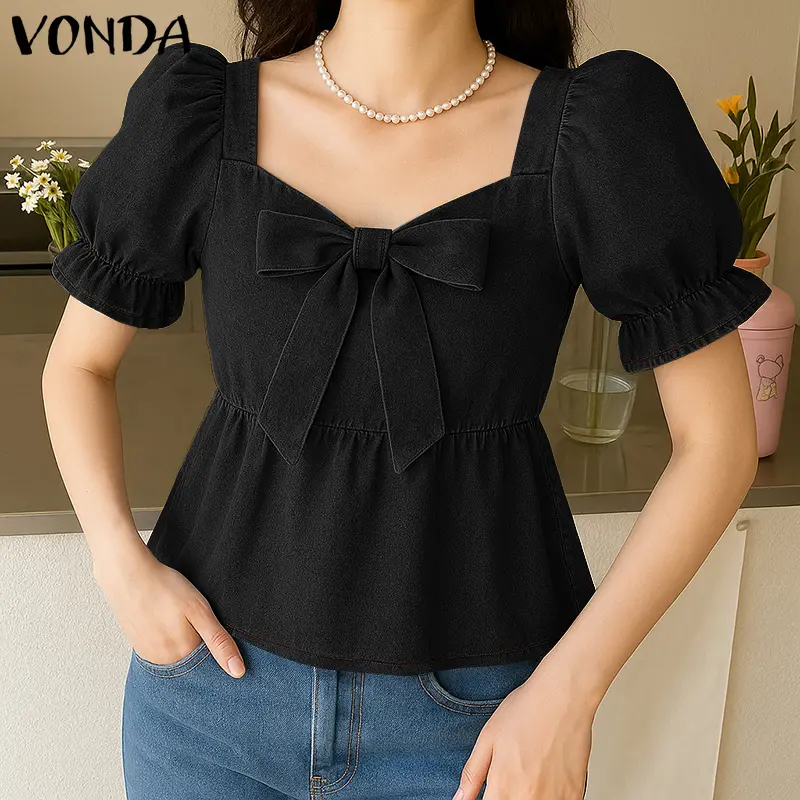 VONDA Fashion Tops Women Summer Square Collar Solid Color Blouse Bow Short Sleeve Tunic Shirts Casual Office Lady Elegant Blusas