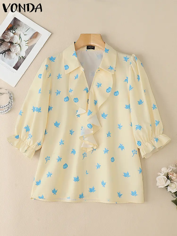 VONDA Summer Women Blouse Half Sleeve Lapel Fashion Ruffles OL Work Female Print Blouses Tops Streetwear Blusas Tunic Oversize