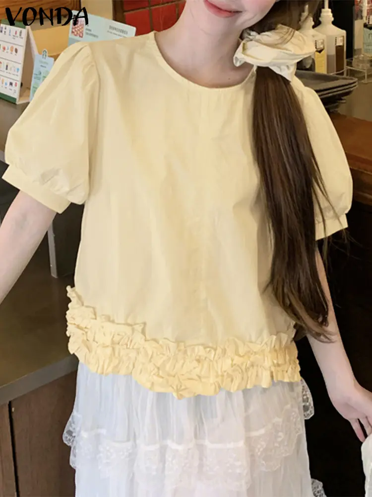 VONDA Women Blouse Summer Short Puff Sleeve Solid Shirts 2025 Fashion Casual Ruffled Pleated Tunic Tops Elegant Loose Blusas