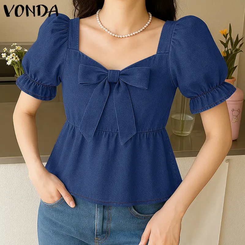 VONDA Fashion Tops Women Summer Square Collar Solid Color Blouse Bow Short Sleeve Tunic Shirts Casual Office Lady Elegant Blusas
