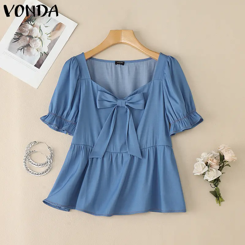 VONDA Fashion Tops Women Summer Square Collar Solid Color Blouse Bow Short Sleeve Tunic Shirts Casual Office Lady Elegant Blusas