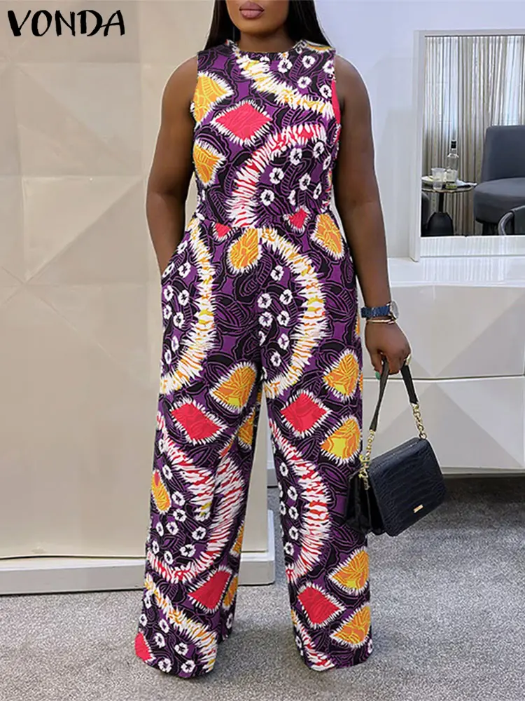 VONDA Women Long Jumpsuits 2025 Summer Vintage Printed Sexy Sleeveless Overalls Beach Wide Leg Playsuits Casual Bohemian Pants