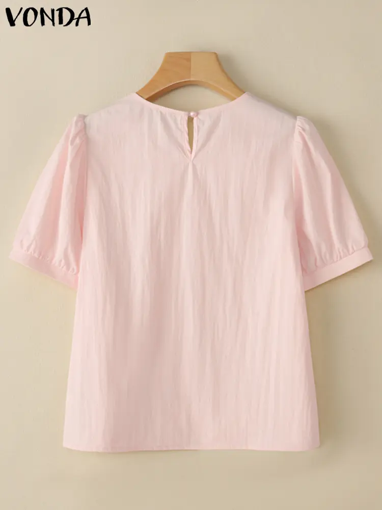 VONDA Women Blouse Summer Short Puff Sleeve Solid Shirts 2025 Fashion Casual Ruffled Pleated Tunic Tops Elegant Loose Blusas