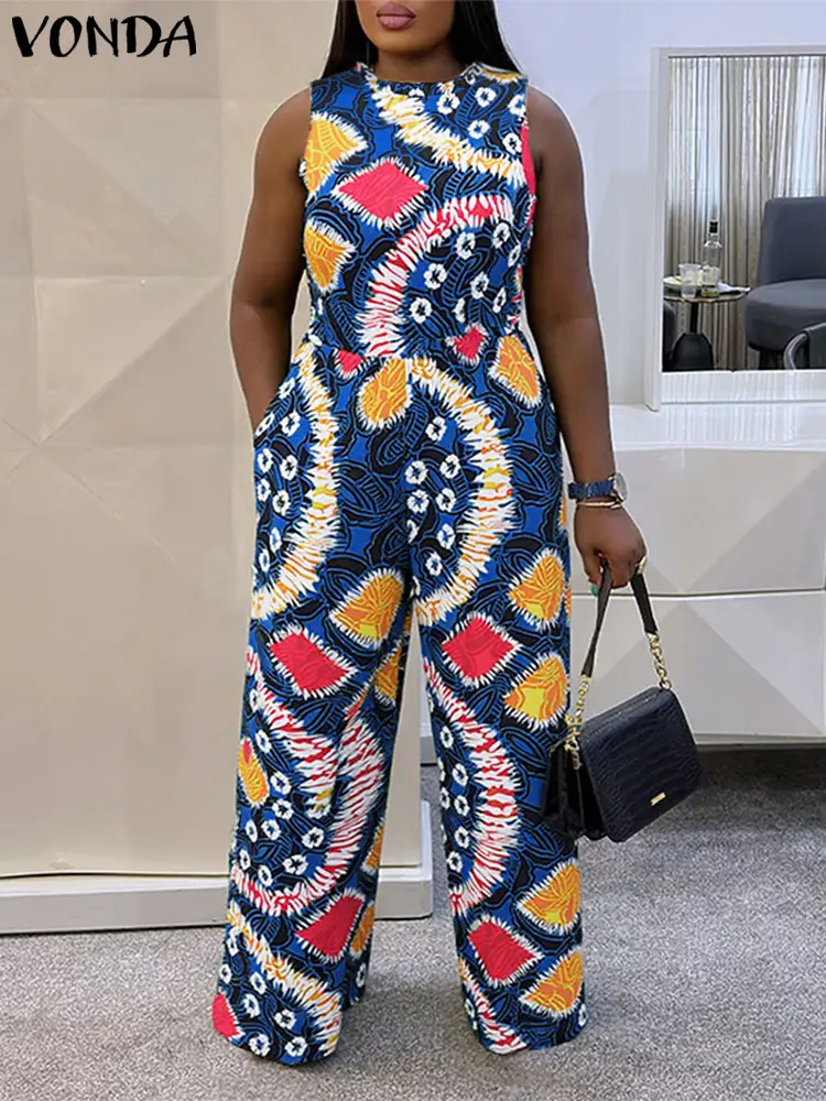 VONDA Women Long Jumpsuits 2025 Summer Vintage Printed Sexy Sleeveless Overalls Beach Wide Leg Playsuits Casual Bohemian Pants