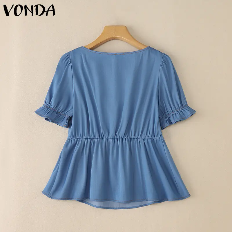 VONDA Fashion Tops Women Summer Square Collar Solid Color Blouse Bow Short Sleeve Tunic Shirts Casual Office Lady Elegant Blusas