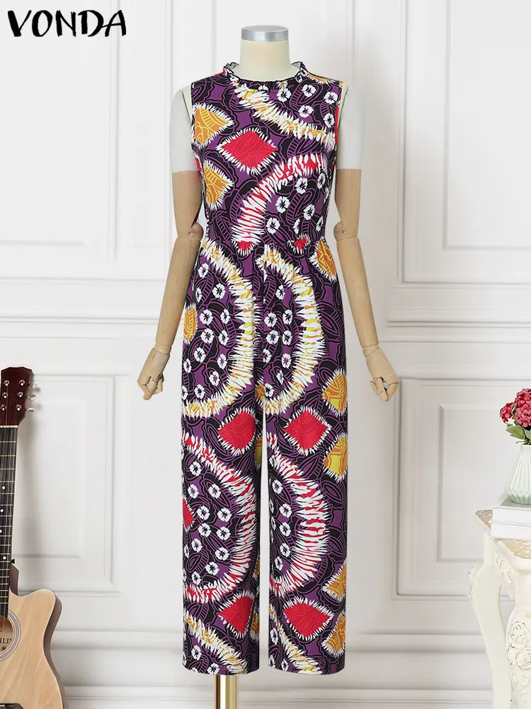 VONDA Women Long Jumpsuits 2025 Summer Vintage Printed Sexy Sleeveless Overalls Beach Wide Leg Playsuits Casual Bohemian Pants