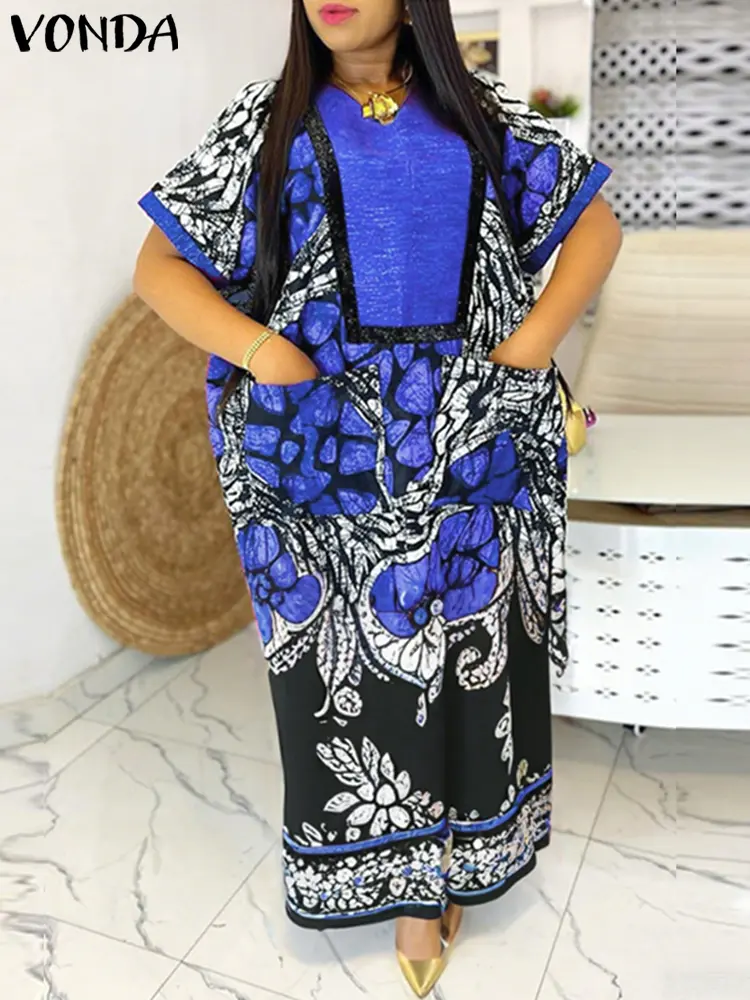 VONDA Bohemian Printed Dress Women Summer Vintage Maxi Vestidos 2025 Short Sleeve V Neck Party Sundress Casual Loose Long Robe