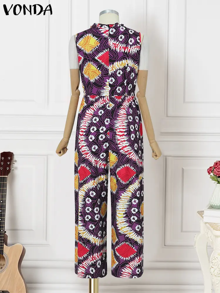 VONDA Women Long Jumpsuits 2025 Summer Vintage Printed Sexy Sleeveless Overalls Beach Wide Leg Playsuits Casual Bohemian Pants