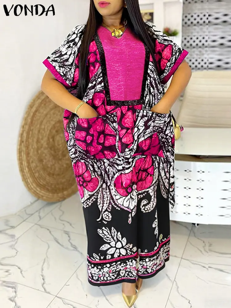VONDA Bohemian Printed Dress Women Summer Vintage Maxi Vestidos 2025 Short Sleeve V Neck Party Sundress Casual Loose Long Robe