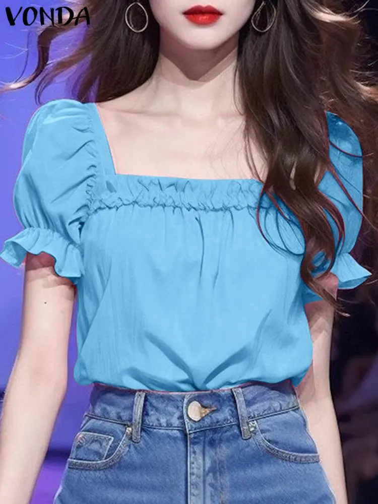 VONDA Fashion Ruffled Women Blouses 2024 Summer Solid Color Shirts Short Sleeve Tops Tunic Square Neck Casual Loose Blusa Femme