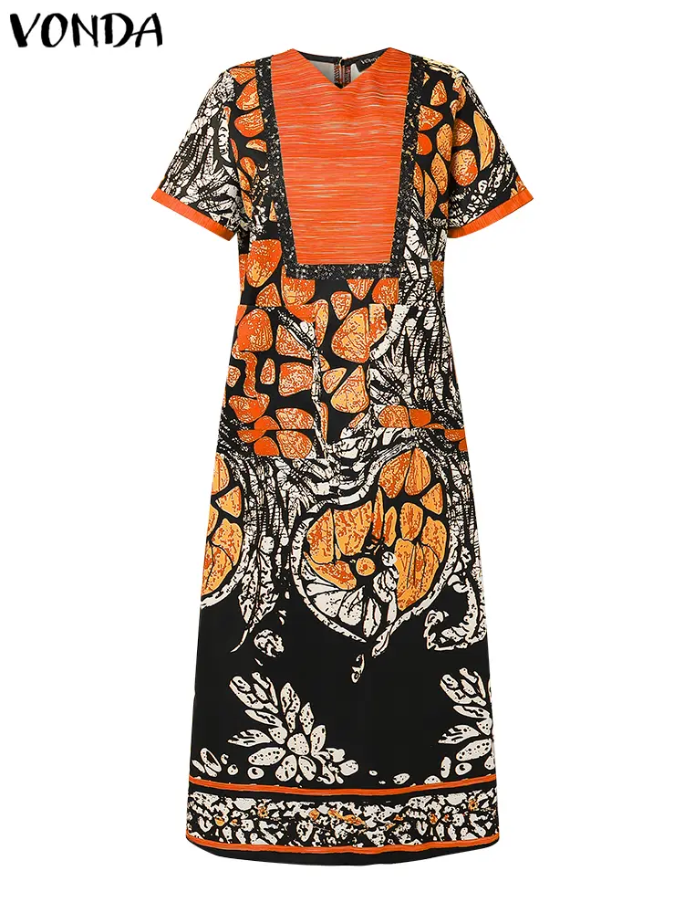 VONDA Bohemian Printed Dress Women Summer Vintage Maxi Vestidos 2025 Short Sleeve V Neck Party Sundress Casual Loose Long Robe