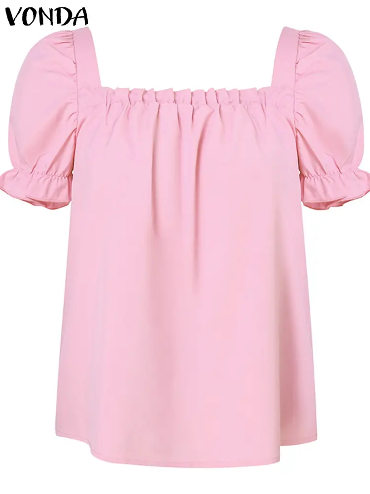 VONDA Fashion Ruffled Women Blouses 2024 Summer Solid Color Shirts Short Sleeve Tops Tunic Square Neck Casual Loose Blusa Femme