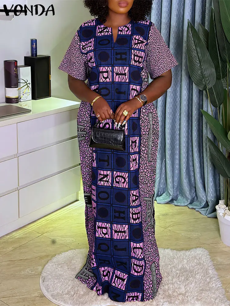 VONDA Women Bohemian Print Maxi Dress 2025 Summer Sundress Vintage Short Sleeve V Neck Long Vestidos Casual Oversized Loose Robe